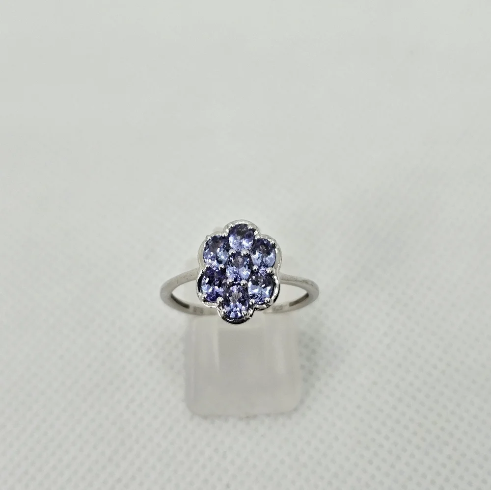 Dainty Natural Tanzanite Ring Sterling Silver Platinum Finish. Size 8!